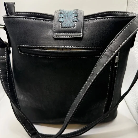 Western Embroidered Crossbody Bucket Bag Black Teal Floral Studded Concho Boho - Picture 4 of 14